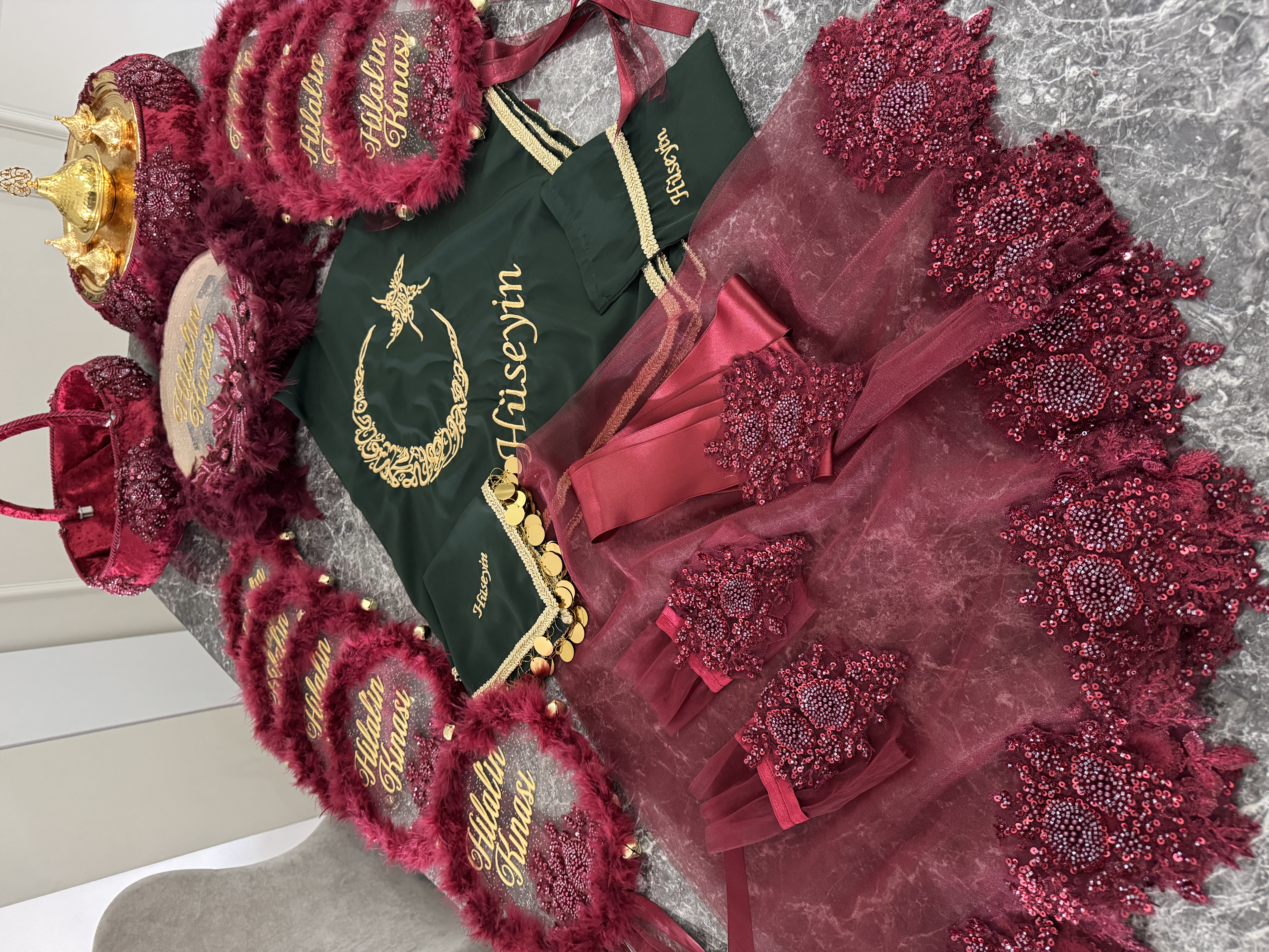 Bordo Boncuklu Kına Seti -Hilal